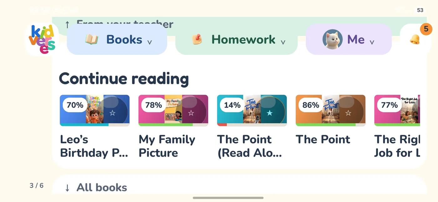 Continue reading on the mobile app, with progress on each book