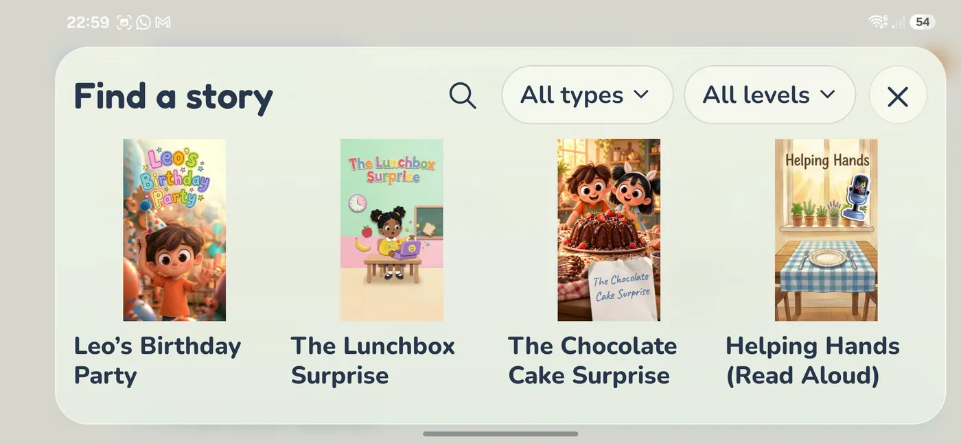 Find a story: search the library by type and level