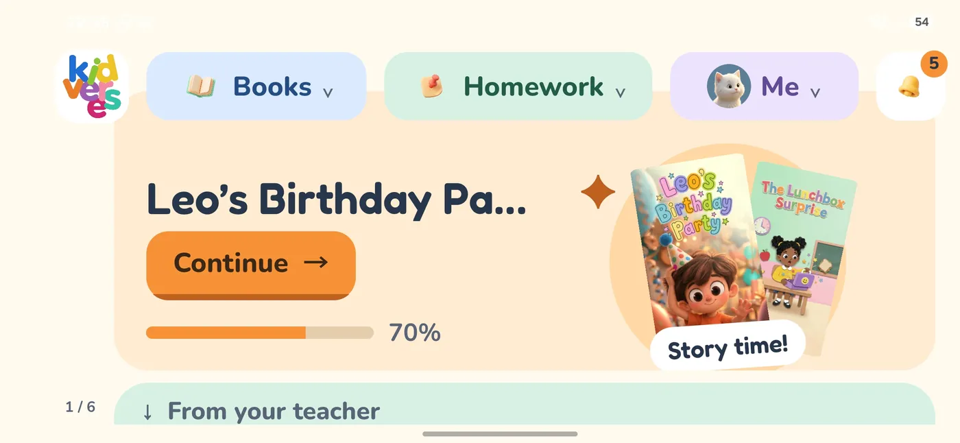 The Kidverse mobile app home screen with a story in progress