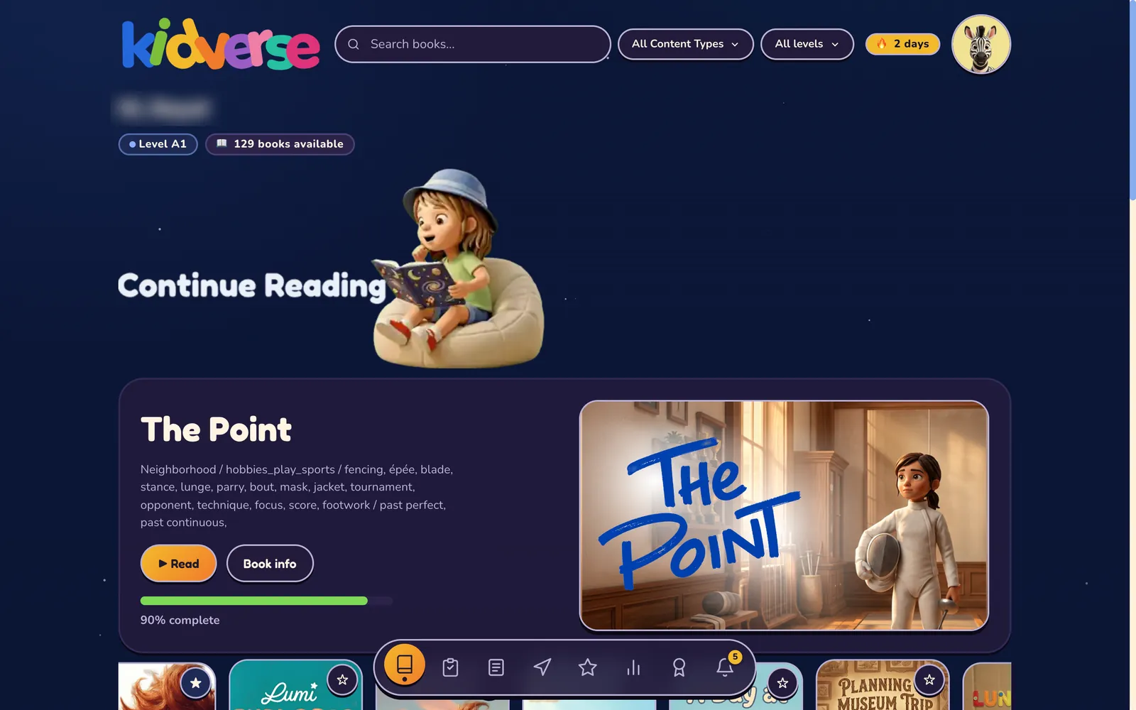 The Kidverse student library in the dark theme, with a book to continue reading