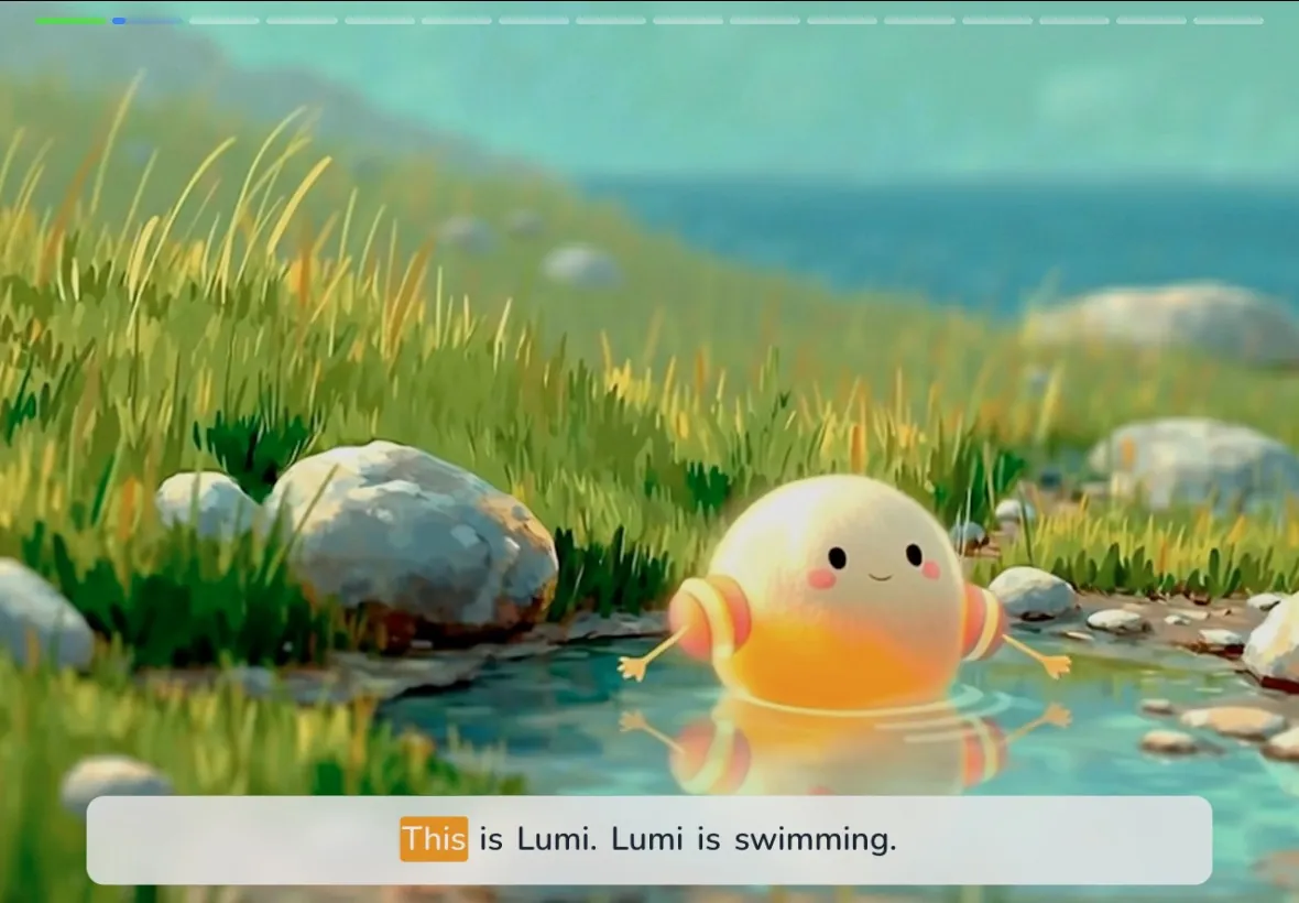 Lumi the phonics character swimming in a stream