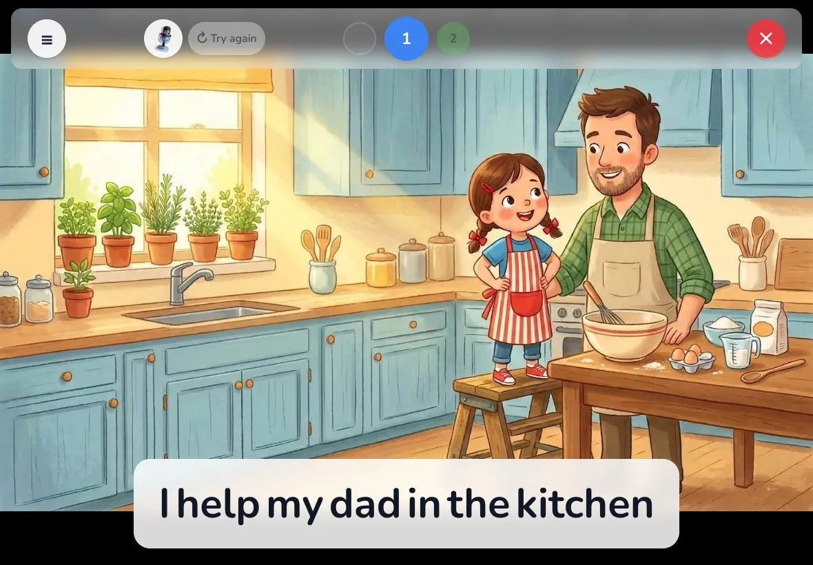 A girl cooking with her dad, with the sentence to read aloud