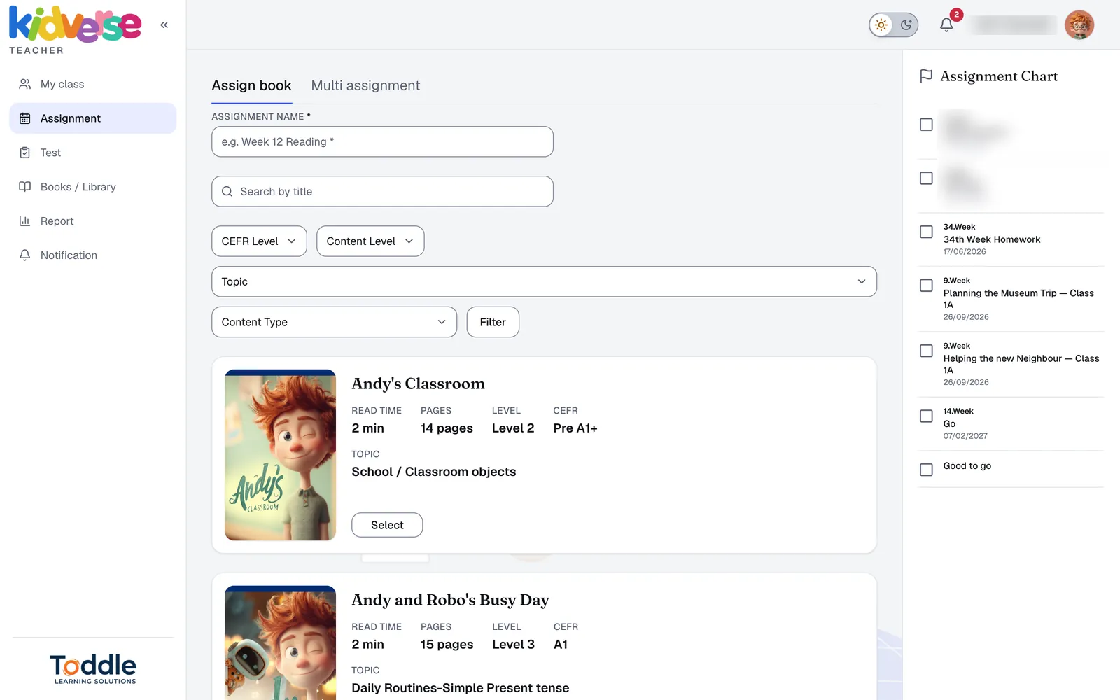 Assign book screen with CEFR, level, topic and content type filters