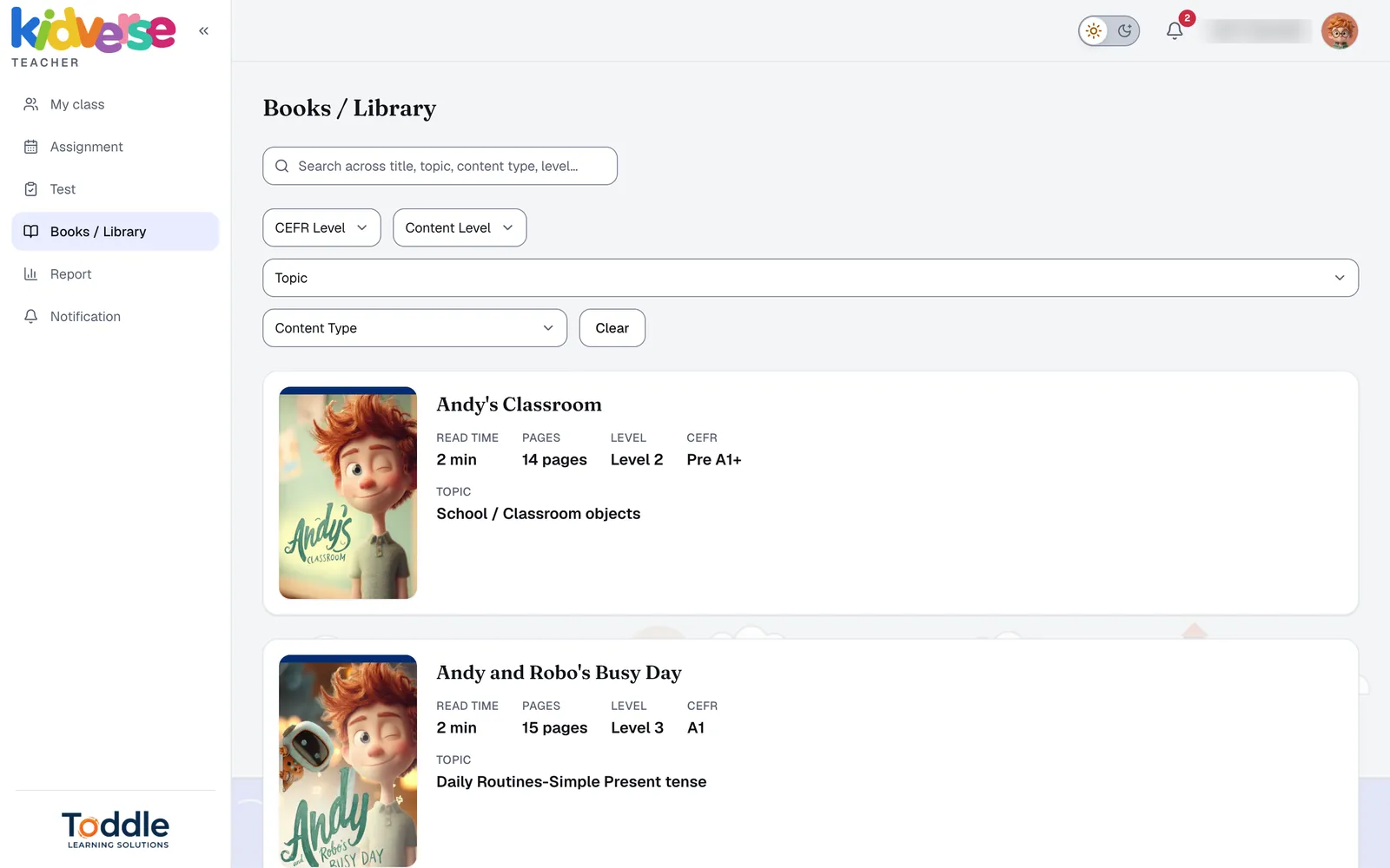 Teacher library with read time, pages, level and CEFR for each book