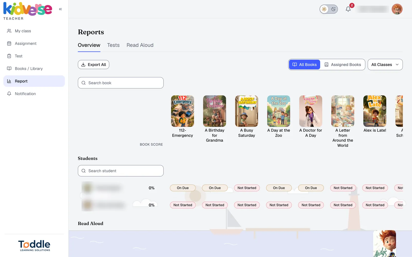 Report overview with every book and every student's status